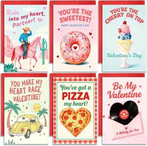 lot 20422 image: 24-Pack Valentines Cards with Envelopes & Stickers, 6 Designs for Kids
