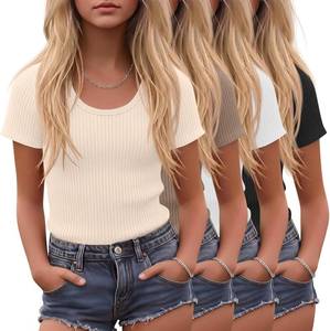 lot 20427 image: 4-Pack Girls Short Sleeve T-Shirts, Scoop Neck, Knit, Soft & Breathable 9-10 ye