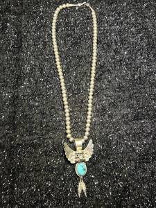 lot 1 image: Native Sterling Silver Turquoise Pendant Necklace with Beaded Chain beautiful RARE PIECE Pendent and necklace are both Sterling