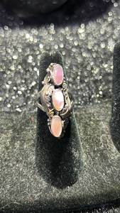 lot 15 image: Sterling Silver Ring with Three Pink Opal Oval Stones Ornate Setting