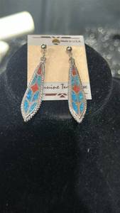 lot 31 image: Genuine Turquoise Dangle Earrings with Red and Blue Inlay