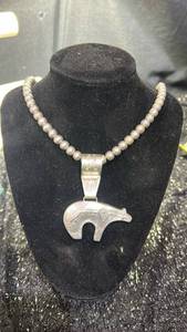 lot 36 image: Native Sterling Bear Pendant Necklace with Beaded Sterling Chain