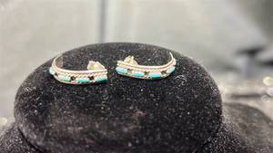 lot 43 image: Pair of Turquoise Inlay Cuff Earrings with Rope DetailMarked Sterling