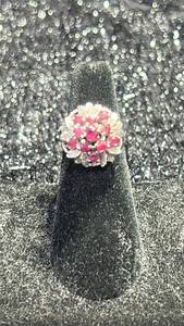 lot 52 image: STERLING SILVER Ring with Pink Floral Cluster Design