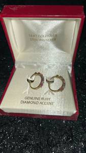 lot 79 image: 18KT Gold Over Sterling Silver Ruby Diamond Accent Hoop Earrings Pair