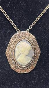 lot 84 image: Cameo Pendant Necklace with Gold-Tone Chain and Ornate Frame