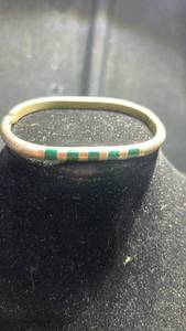 lot 89 image: Sterling Silver  Bracelet with Green and Gold Striped Inlay