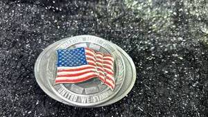 lot 92 image: American Flag Oval Belt Buckle with Enameled Design