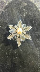 lot 105 image: Large Vintage Flower Brooch with Pearl Center and Faceted Crystal Petals