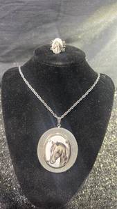 lot 106 image: Vintage Handcrafted Horse Head Cameo Jewelry Set Necklace and Ring