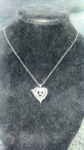 lot 109 image: Sterling Silver Heart Pendant Necklace with Two-Tone Metal and Clear Crystals