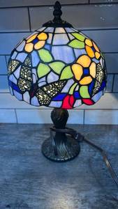 lot 113 image: Stained Glass Table Lamp with Butterfly and Geometric Pattern