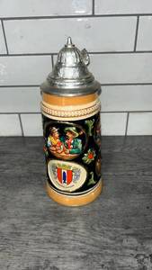 lot 114 image: German Beer Stein with Pewter Lid and Hand-Painted Scenes