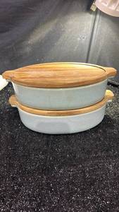 lot 116 image: 2-Piece Ceramic Cookware Set with Wood Lids Oven and dishwasher safe