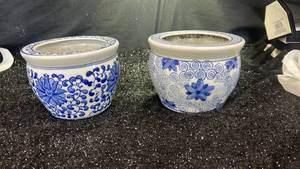 lot 120 image: Blue and White Ceramic Planters Pair with Floral Motif