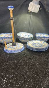lot 121 image: Temp-rations Blue and White Ceramic Dinnerware Set with Paper Towel Holder
