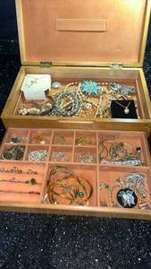 lot 123 image: Jewelry Box with Assorted Necklaces Bracelets Rings and Brooches