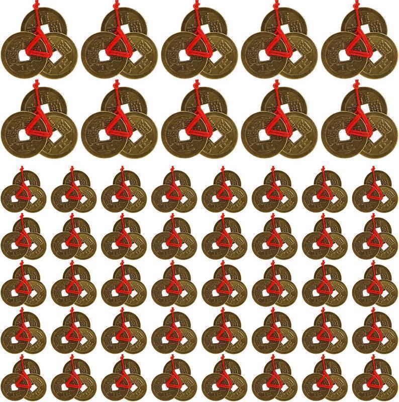 lot 64013 image: Peohud 150 Pieces Chinese Fortune Coins, 1 Inch Feng Shui Coins, Ancient Chinese Dynasty Coin with Red String for Chinese Lunar New Year Wealth, Good luck, and Success, 50 Sets Coins