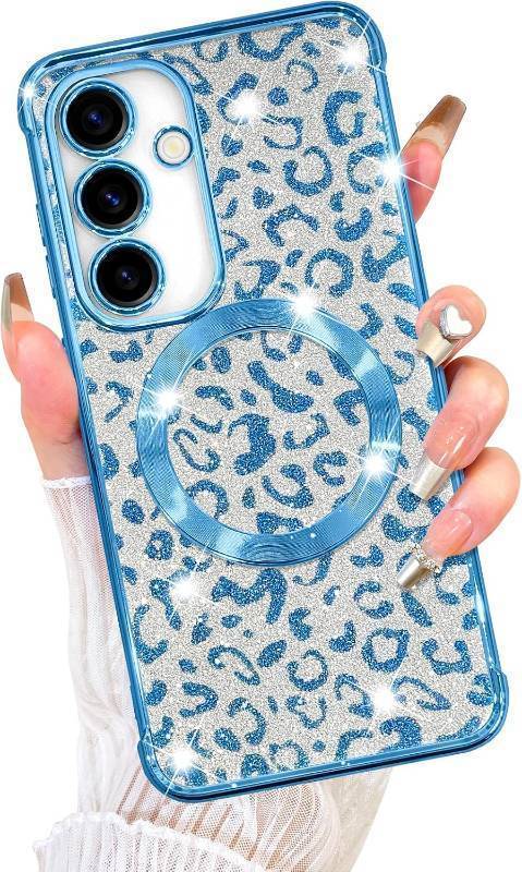 lot 65800 image: Fiyart Designed for Samsung Galaxy S23 FE Case,Compatible with MagSafe Cheetah Print Plating Camera Protection Clear Magnetic Glitter Leopard for Women Girls Phone Bumper 6.4-Blue