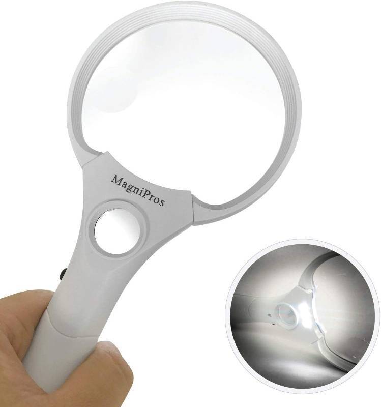 lot 65861 image: MagniPros 3 Ultra Bright LED Handheld Magnifying Glass with 3X, 4.5X, and 25X Magnification - Perfect for Reading Small Prints, Maps, Coins, Inspection, and Jewelry Loupe