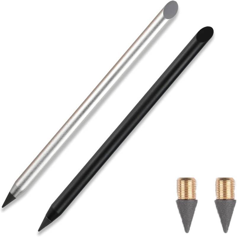 lot 65874 image: Catcan 2Pcs Metallic Everlasting Pencil, Reusable Metal Inkless Pencil with 4Pcs Replacement NibsErasers, Metal Eternal Pen