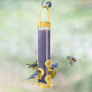 lot 65942 image: Perky-Pet Yellow Plastic Hanging Tube Bird Feeder- 1.5-lb Capacity