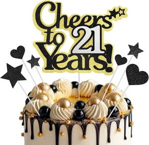 lot 67500 image: Cheers to 21 Years Cake Topper, Black Gold Happy 21st Birthday Cake Toppers for Women Men, 21st Anniversary Party Supplies,21 Years Old Birthday Party Cake Decorations Glitter for Him Her