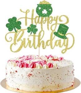 lot 67511 image: Happy Birthday St Patricks Day Cake Topper gold Glitter Shamrock Four Leaf Clover Cake Pick for Happy St Patricks Day Cake Decorations Supplies
