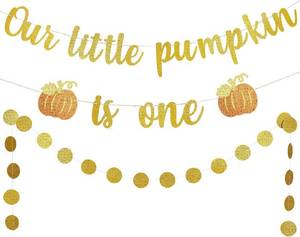 lot 67551 image: LeeSky Gold Glitter Our Little Pumpkin Is One Banner - Pumpkin 1st Birthday Banner - Fall Decorations