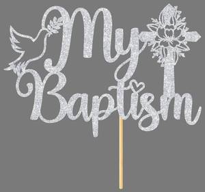 lot 67554 image: Silver Glitter My Baptism Cake Topper, First CommunionGod Bless this Child Cake Decor, Baby Christening BaptismBaby Shower Party Decorations Supplies