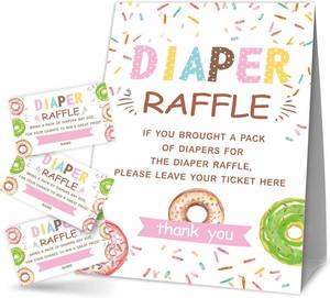 lot 67582 image: Baby Shower Games, 1 Diaper Raffle Standing Sign & 50 Tickets, Donuts & Confetti Theme - Gender Reveal, Baby Announcement, Party Decoration & Supplies-A02