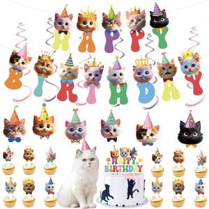 lot 67588 image: 32PCS Cat Birthday Decorations, Cat Party Decorations Supplies, Happy-Birthday Banners, Cake Cupcake Toppers, Hanging Spirals, Kitties Party Supplies