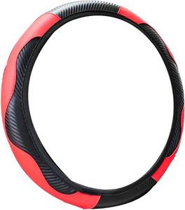 lot 67591 image: Fekey&JF 15 Inch Breathable Leather Steering Wheel Cover, BlackRed  elastic stretch fit, easy pull-on setup, full-rim coverage, fits most cars SUVs and vans, interior accessory