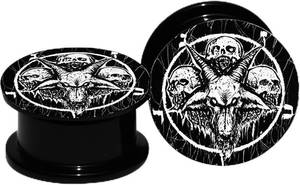lot 67614 image: KUNIU Skull Design Acrylic Ear Plugs, Black with White Skull Pattern, 6mm-16mm Double Flared Screw Fit Gauges, Pair