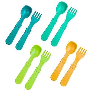 lot 67637 image: Re-Play Toddler Forks and Spoons Set - 4x4 Utensils Set for Kids - Dishwasher and Microwave Safe - Made in USA - Set of 8-5.8 x 1.2 x 0.2 - Aqua, Lime, Yellow, Teal
