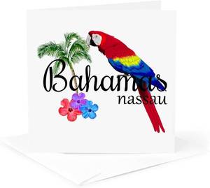 lot 67642 image: 3dRose Bahamas Nassau Caribbean souvenir with tropical parrot and flowers. 1 Greeting Card with envelope