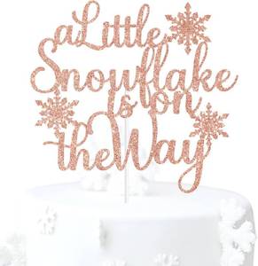 lot 67654 image: Rose Gold Glitter A Little Snowflake is on the Way Cake Topper, Winter Snowflake Chirstmas Baby Shower Babys Birthday Party Decorations Supplies