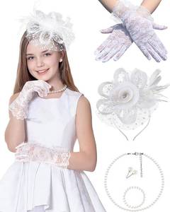 lot 67660 image: Gril Tea Party Hat Fascinators with Gloves for Church Wedding 1920s 50s Party Cosplay Accessories