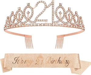 lot 67672 image: 21st Birthday Tiara and Sash Set Gifts for Women Girl Birthday Princess Tiara Rose Gold Queen Crown Headband Sash Headdresses Crowns Decorations for Her Party Supplies