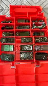 lot 79 image: Red Plastic Organizer Case with Military Diecast Vehicles