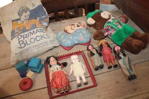 lot 3380 image: Bag of Vintage Wood Toy Blocks, Dolls & More