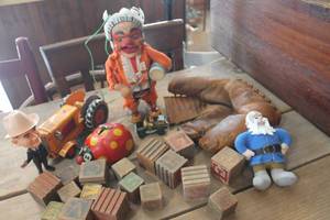 lot 3454 image: Vintage Metal Toy Tractor, Baseball Glove & More