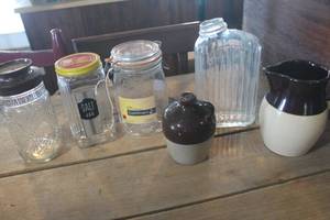 lot 3485 image: Vintage Crock Pitcher, Glass Jars & More
