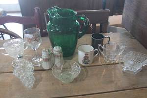 lot 3515 image: Vintage Green Glass Pitcher and More