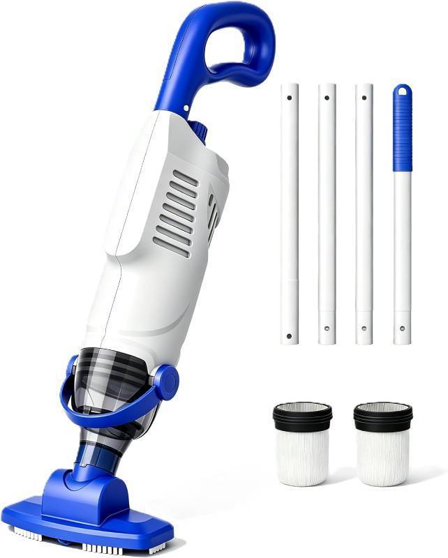 lot 8018 image: Pool Vacuum for Above Ground Pool, Cordless Handheld Pool Vacuum with 18 GPM Suction, 60 Min Runtime, Rechargeable Pool Cleaner with Aluminum Pole &amp Brush Heads for Inground Pools, Spa, Hot Tub - Retail $99.99