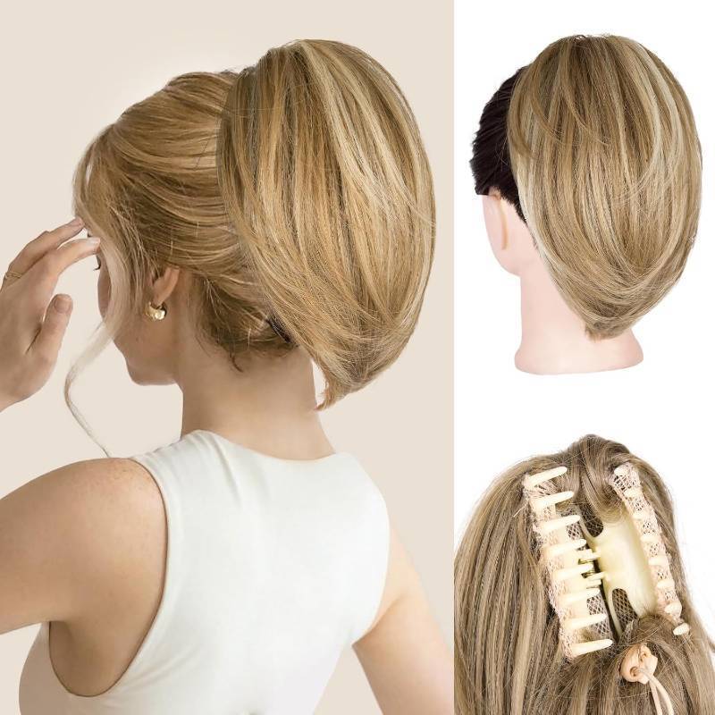 lot 8021 image: Clip on Ponytails for Women - 10 Inch Short Ponytail Extension, Straight Pony Tails Hair Extensions, Synthetic Hair Extensions Ponytail, Clip in Ponytail (Dark Blonde with Beige Blonde Highlights)