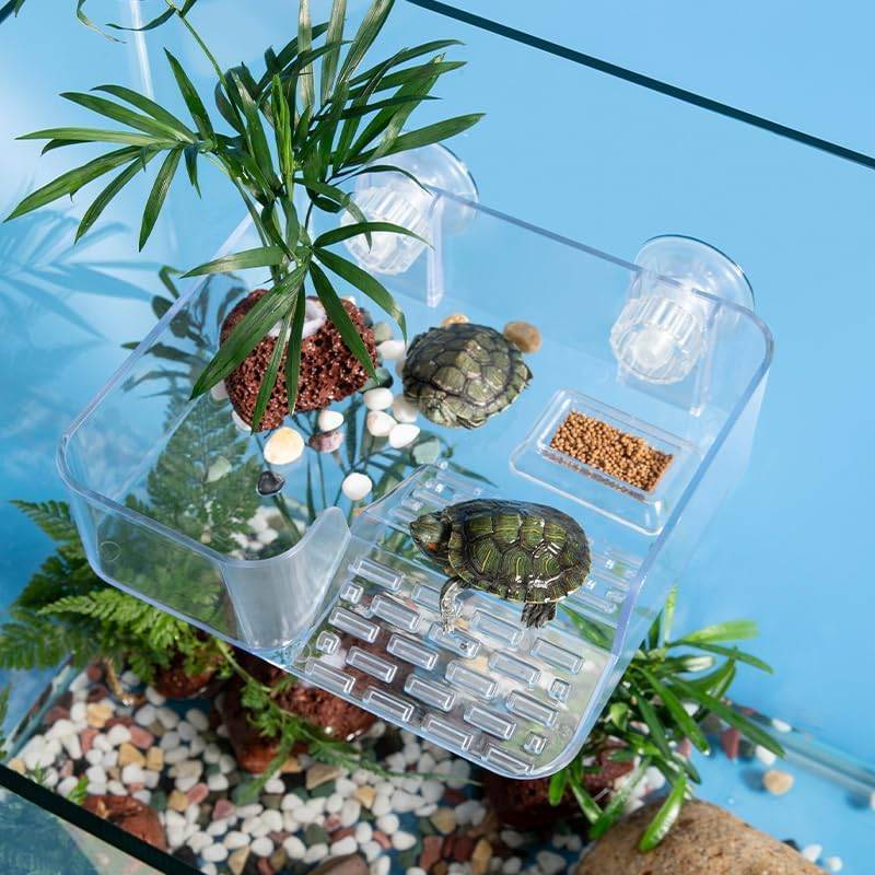 lot 17338 image: Forher Suction Cup Suspended Turtle Platform with Adjustable, guardrail and Tilted Acrylic Transparent Cradle Platform, Suitable for Decorating Water Tank Accessories (Suction Cup Design)