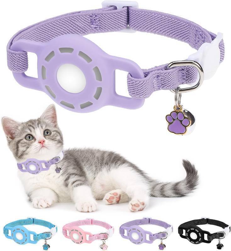 lot 17343 image: Airtag Cat Collar Breakaway, Stretchy Cat Tracker Collar with Apple Air Tag Holder for Boy Girl Cats, Elastic GPS Tracking Collars for Kittens and Puppies, Adjustable 9-12 Purple