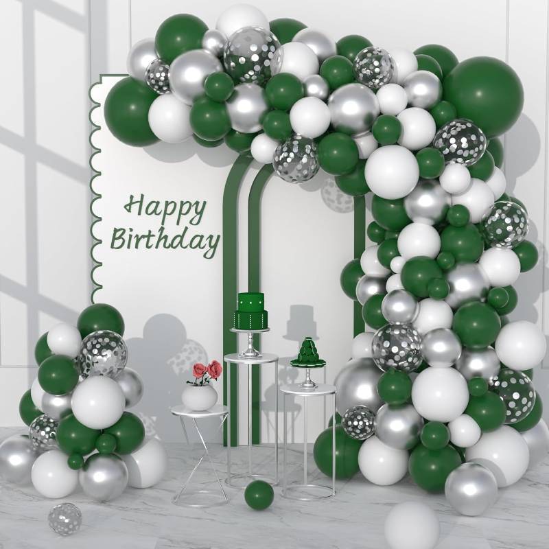 lot 18937 image: Dark Green White Silver Balloon Garland Arch Kit, 122PCS White Dark Green Metallic Silver Confetti Balloons for Wild Animal First Birthday Jungle Football Video Gamer Green Wonderland Decorations