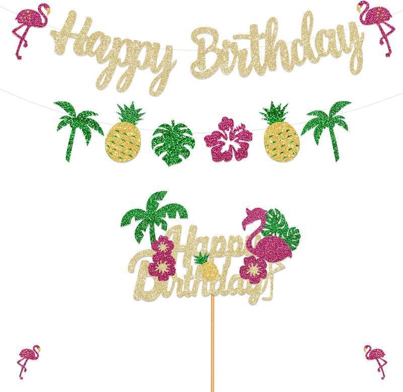 lot 18941 image: Glitter Tropical Happy Birthday Banner Luau Hawaiian Cake Toppers Flamingo Flower for Summer Birthday Party Decorations Theme Baby Shower Supplies